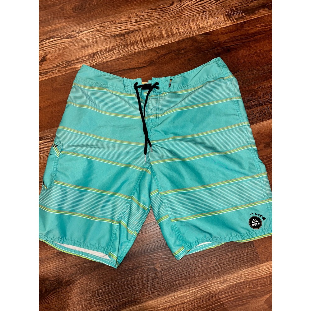 Reef Mens Board Shorts Size 38 Turquoise Teal Striped Cargo Pocket Swim Trunks